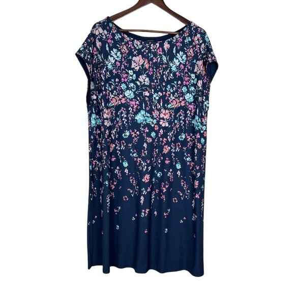 J Jill Wearever Collection Dress 2X Blue Floral Boat Neck Knee Length Cap Sleeve - Picture 1 of 11